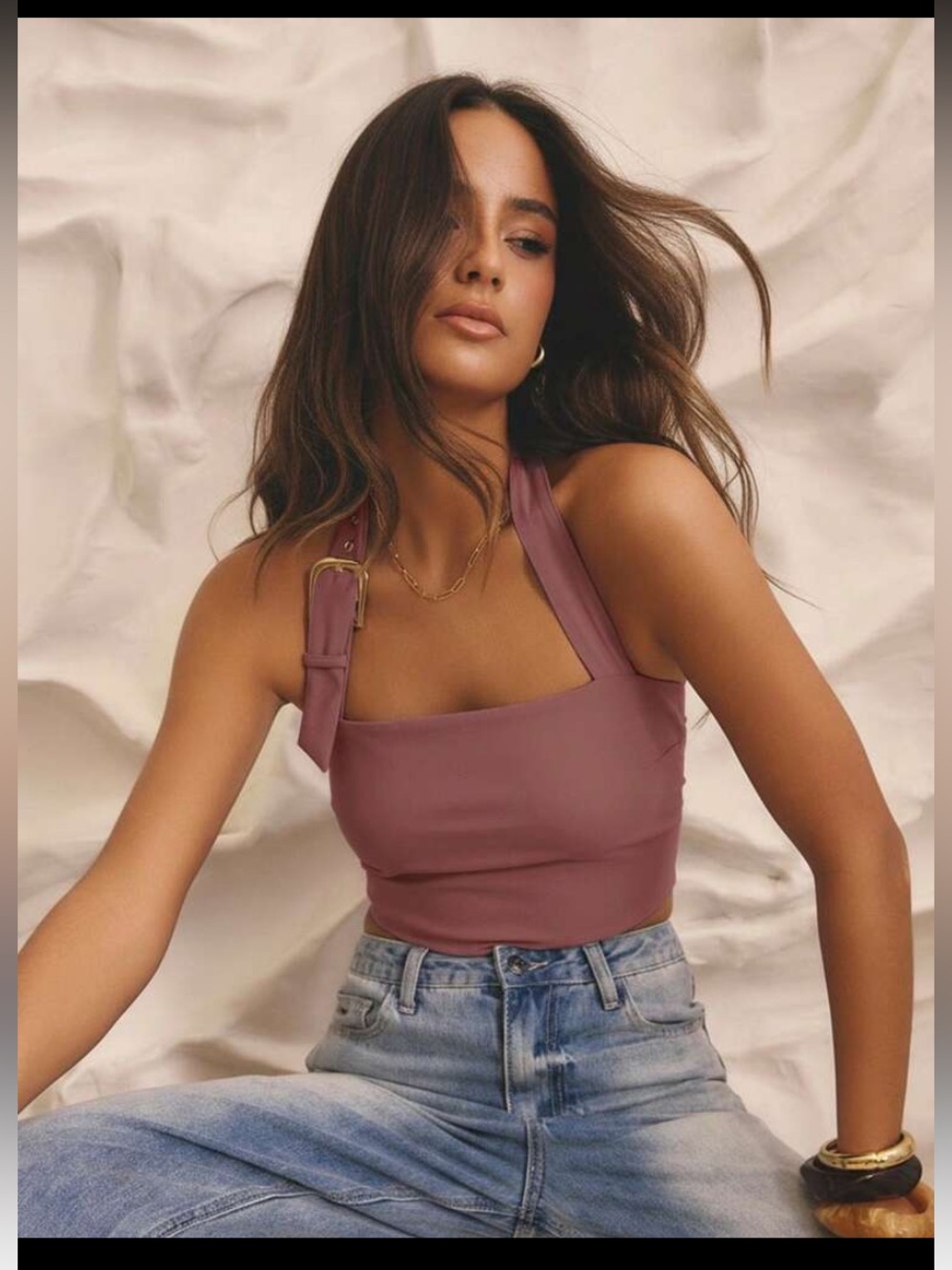 Square Neck Buckle Strap Crop Top in Mauve